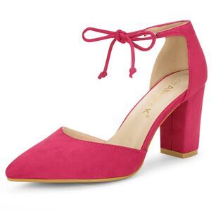 Ankle Tie Chunky Heel Hot Pink Pointed Toe Dress Pumps